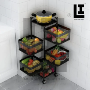 LIFEINNO | Premium Square 5 Layer Metal Trolley Fruit and Vegetable Rotating Storage Rack with Lockable Wheels
