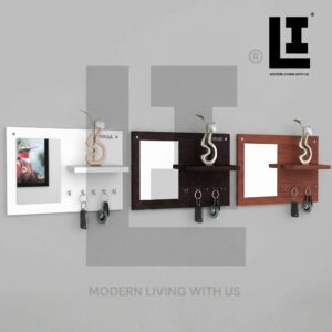 LIFEINNO | Engineered Wood Droopy Wall Shelf with Mirror & 5 Key Holder - Multi-Utility Entryway Organizer, Home Decor Display Rack & Key Hanger Stand