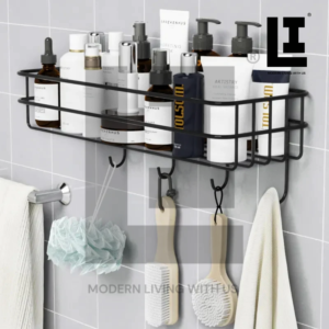 LIFEINNO | Luxury Metal Wall Mounted Single Shelf & Organizer Rack with Optional Sticky Hooks for Kitchen and Bathroom