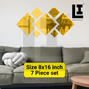 LIFEINNO | Luxury Diamond Abstract Acrylic Mirror Wall Art | 7 Piece Decorative Mirror Set | Home Wall Decoration | Golden