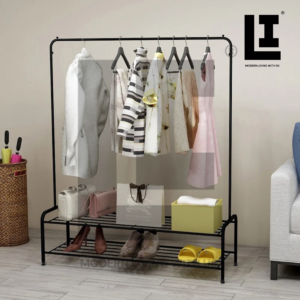 LIFEINNO | Single Pole Cloth Hanging Stand with Double Layer Shoe Rack Heavy Duty Metal Garment Organizer