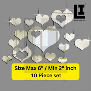LIFEINNO | Premium Heart Silhouette Acrylic Mirror Wall Art Set | Decorative Wall Sticker Set | 10 Piece Mixed Size Home Décor | Silver