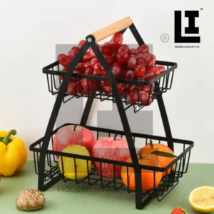LIFEINNO | Premium 2-Tier Fruit Basket with Ergonomic Wood Handle Portable Metal Vegetable Storage Organizer Black