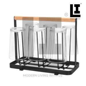 LIFEINNO | Premium Metal Glass Stand with Wood Handle Luxury 6-Hook Kitchen Countertop Cup Organizer and Drying Rack