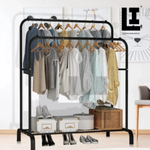 LIFEINNO Premium Double Pole Heavy Duty Garment Rack - Multi-Functional Clothes Hanging Stand with Single Shoe Rack